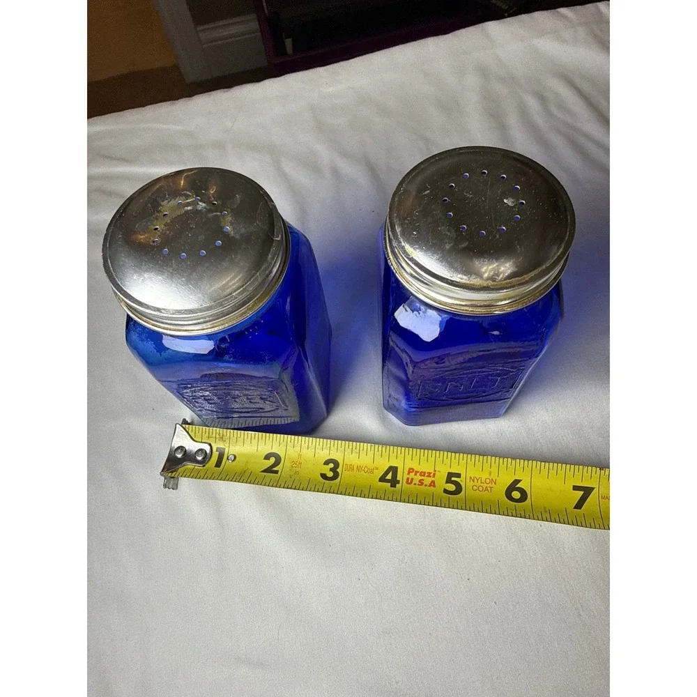 Vintage Cobalt Blue Glass Salt and Pepper Shakers Set Embossed Square Jars
